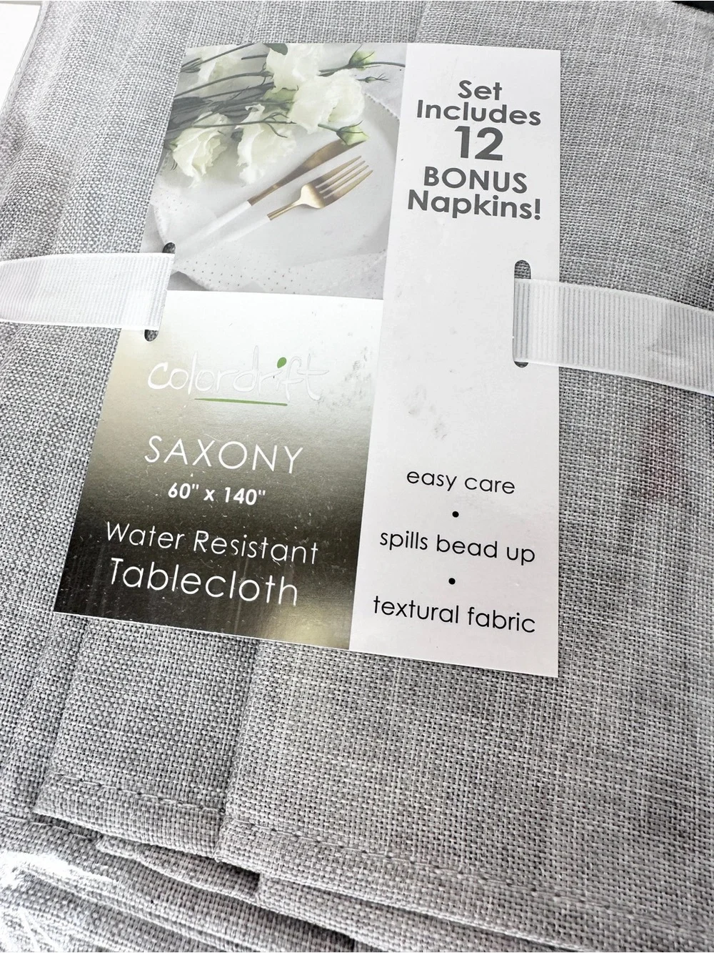 New Colordrift Saxony 60” x 140” Oblong Tablecloth Water Resistant + 12 Napkins